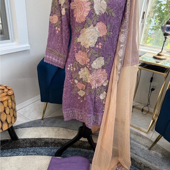 Purple Floral Embroidered Dress with Peach Dupatta - Picture 5 of 6